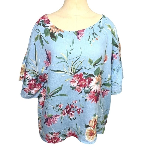 Bella Umbra Linen Blouse Sz M Blue Aqua Floral Tropical Ruffle Sleeves Top Italy - Picture 1 of 11